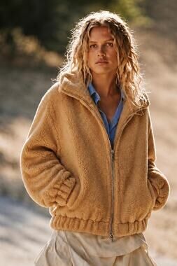 Free People Small Get Cozy Teddy Sherpa Zip Jacket Tan